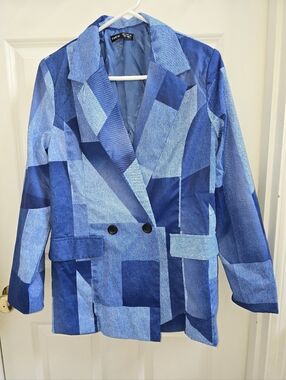 SHEIN  Blue Geometric Patchwork Blazer NWOT Size M
